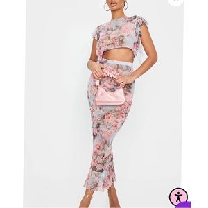 Pink Floral Print Mesh Frill Sleeve Crop & Skirt